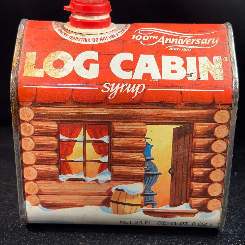Log Cabin Syrup 100th Anniversary Tin 1887-1987 Vintage Metal Advertising House
